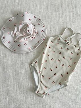 Zara Cream One-Piece Swimsuit with Red Cherry Print and Matching Hat